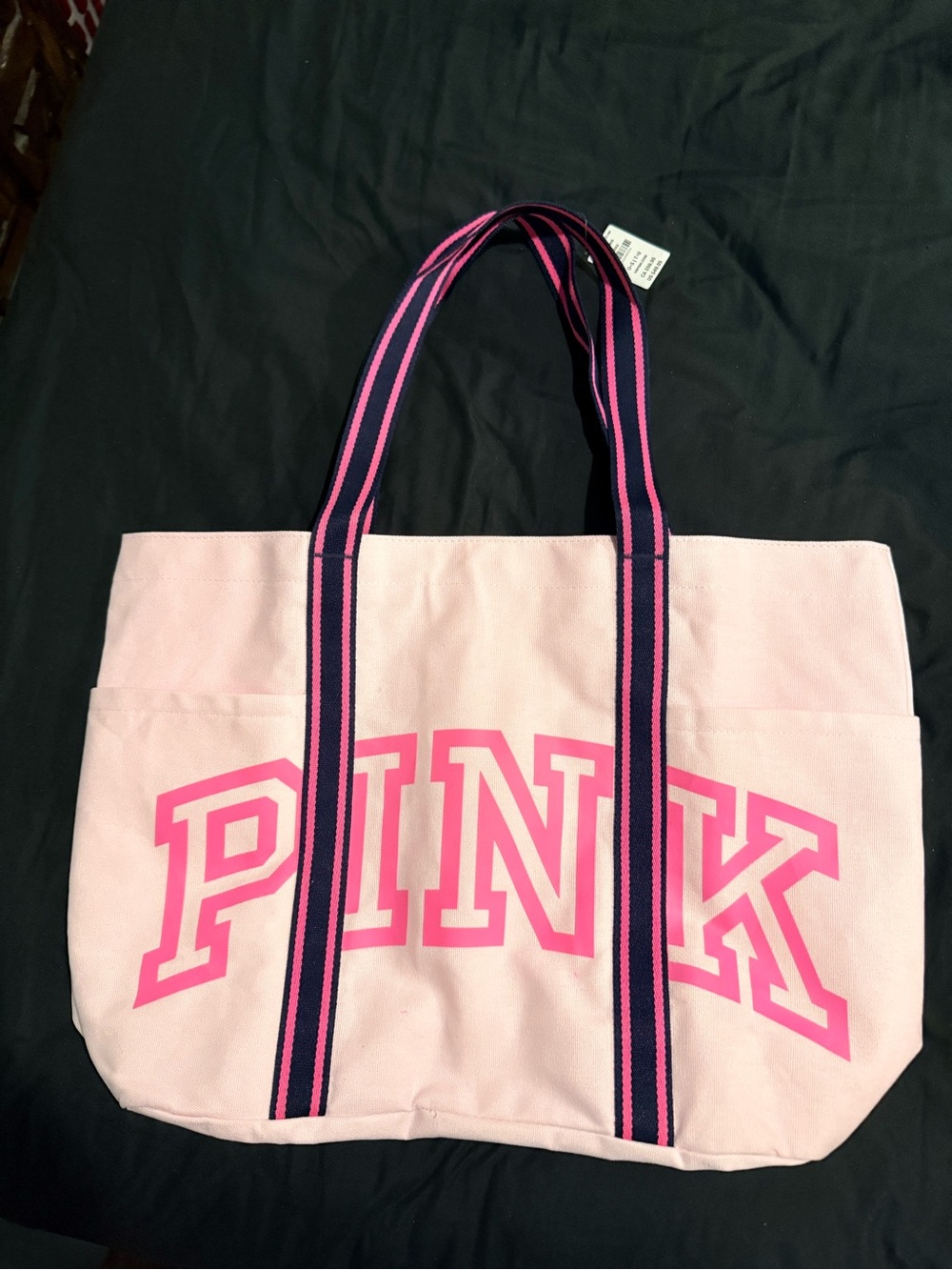 PINK Victoria's Secret Light Pink Canvas Tote with Navy & Hot Pink Straps